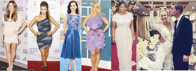  ??  ?? Hollywood celebs Kate Beckinsale, Kim Kardashian, Katy Perry, Kelly Osbourne, and Octavia Spencer flaunt Tadashi Shoji on the red carpet, while Kaley Cuoco got married in his bridal pantsuit.