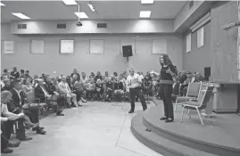  ?? MARK HENLE/THE REPUBLIC ?? U.S. Rep. Martha McSally answers a question during a town hall meeting on Thursday at the Good Shepherd United Church of Christ in Sahuarita.