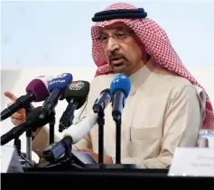  ??  ?? Falih is seen speaking at a news conference in Riyadh, Saudi Arabia. Falih said that China and the US would lead healthy global demand for oil this year but that it would be too early to change OPEC+ output policy at the group’s next meeting in April. — Reuters file photo