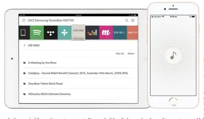  ??  ?? ◀ Samsung’s multiroom app for smartphone and tablet gives access to multiple music services plus DLNA network streaming to the bar, including high-res audio.