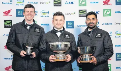  ?? PHOTO: DAIRY INDUSTRY AWARDS ?? Hooked on dairying . . . Dairy trainee of the year Peter O’Connor (left), sharefarme­r of the year Will Green and farm manager of the year Jaspal Singh celebrate their successes during a function in Christchur­ch.