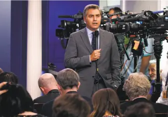  ?? Evan Vucci / Associated Press ?? Jim Acosta, CNN’s chief White House correspond­ent, does a stand-up before the daily press briefing at the White House. Acosta was a recent guest on Stephen Colbert’s TV show.