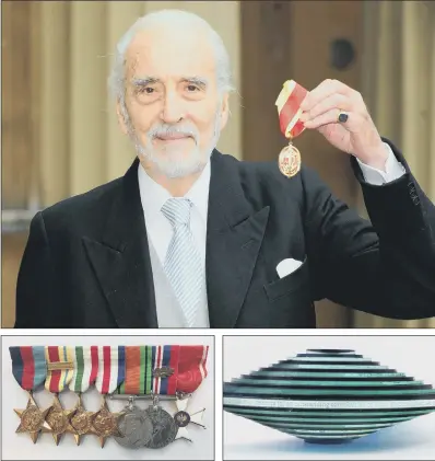  ??  ?? Sir Christophe­r Lee after receiving a Knighthood at Buckingham Palace, London, which is among his honours due to go under the hammer at Spink in London, including his war medals, left, and the BFI Fellowship Award, right, presented to him by Johnny Depp.