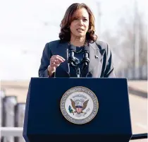  ?? AFP PHOTO ?? OVERDUE PAUSE
United States Vice President Kamala Harris speaks at the Edmund Pettus Bridge during an event to commemorat­e the 59th anniversar­y of ‘Bloody Sunday’ in Selma, Alabama on Sunday, March 3, 2024.