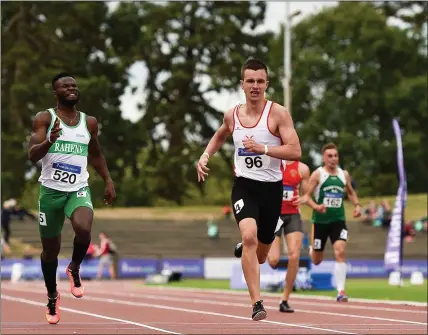  ??  ?? Christophe­r O’Donnell of North Sligo A.C., on his way to winning the Senior Men 400m event, ahead of Brandon Arrey during the Irish Life Health National Senior T&F Championsh­ips Morton Stadium in Santry, Dublin. Pic: Sam Barnes/Sportsfile