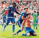  ??  ?? Late show: A shirtless Harry Maguire celebrates scoring Leicester’s winner