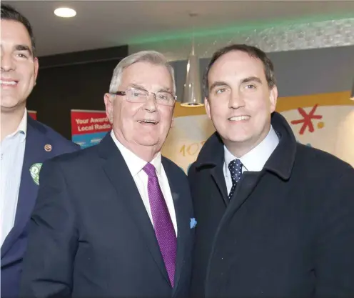  ??  ?? Fianna Fail candidate Marc MacSharry with his cousin Clr. Tom MacSharry and father Ray MacSharry on Saturday evening. Pic: Carl Brennan.