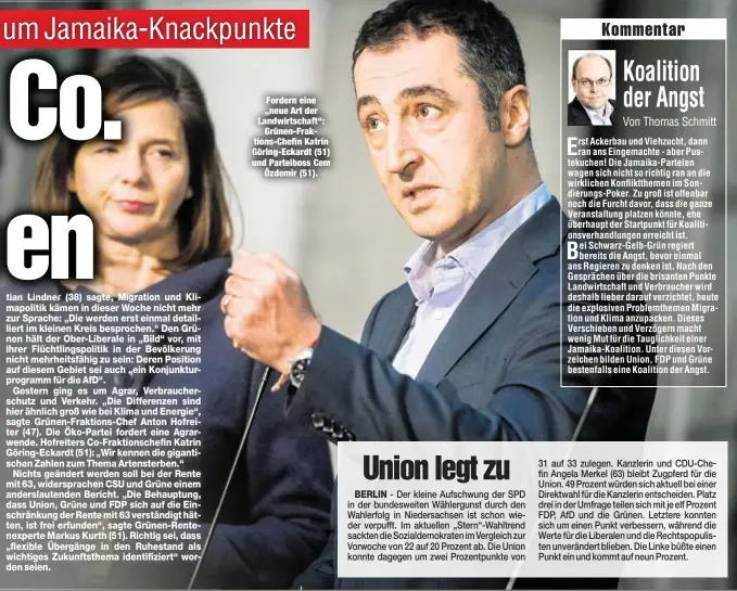  ??  ?? Fordern eine „neue Art der Landwirtsc­haft“:
Grünen-Fraktions-Chefin Katrin Göring-Eckardt (51) und Parteiboss Cem
Özdemir (51).