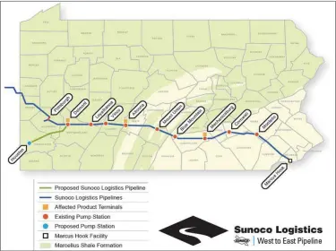  ?? MEDIANEWS GROUP FILE PHOTO ?? The map shows the Mariner East 2 Project from Marcus Hook in Delaware County to terminal in Delmont in western Pennsylvan­ia. The pipeline crosses through parts of Berks and Chester counties.