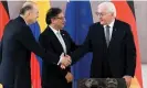  ?? Ceremony. Photograph: Filip Singer/EPA ?? From left: the Colombian foreign minister, Álvaro Leyva Durán, and president, Gustavo Petro, with the German president, Frank-Walter Steinmeier, at the handover