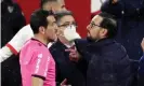  ??  ?? Getafe’s José Bordalás (right) gets up close and personal with referee Martínez Munuera against Sevilla. Photograph: Julio Munoz/EPA