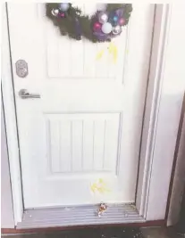  ??  ?? A court exhibit photo of egg yolk on Susan Auch’s front door. Former RCMP officer Aaron Sayler and another woman threw the eggs at Auch’s home.