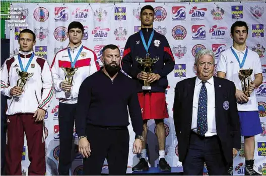  ?? Photos: EUBC ?? TOP OF THE PODIUM: Azim wins lightweigh­t gold in Russia