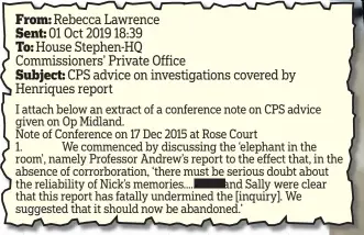  ??  ?? Email from head of Crown Presecutio­n Service refers to meeting where Operation Midland was described as being ‘fatally undermined’ – but it wasn’t shut down for a further three months