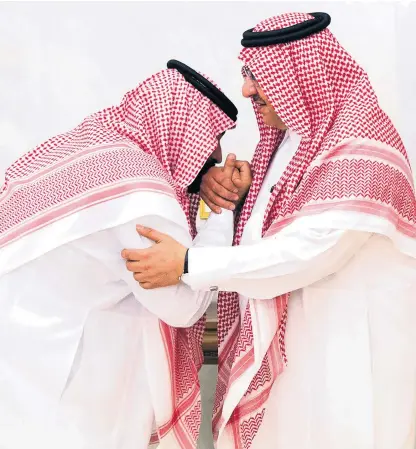  ??  ?? Mohammed bin Nayef, 57, right, who had been the crown prince for five years, pledges his allegiance to his successor, Prince Mohammed, left