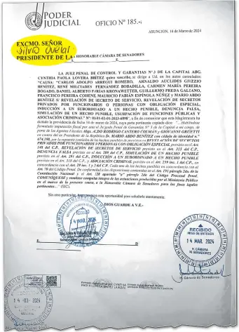  ?? ?? El oficio relacionad­o al pedido de desafuero de Mario Abdo Benítez tuvo que ser corregido a mano.