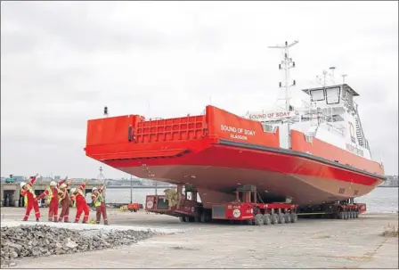  ??  ?? CROSSING: The Sound of Soay was launched earlier this week. Its sister ship on the Gourock to Dunoon service, the Sound of Seil, will be launched today. Picture: Ian Giles