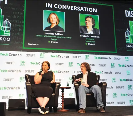  ?? (AFP) ?? Heather Adkins (left), Google’s director of informatio­n security and privacy, and TechCrunch moderator Frederic Lardinois speak onstage during TechCrunch Disrupt SF 2017 at Pier 48, in San Francisco on September 18