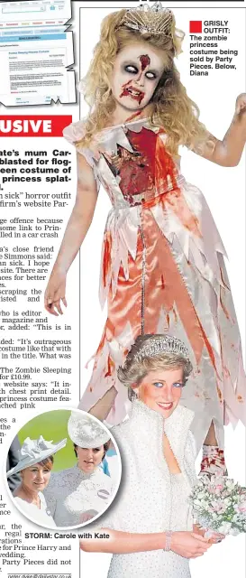  ??  ?? STORM: Carole with Kate ®GRISLY OUTFIT: The zombie princess costume being sold by Party Pieces. Below, Diana