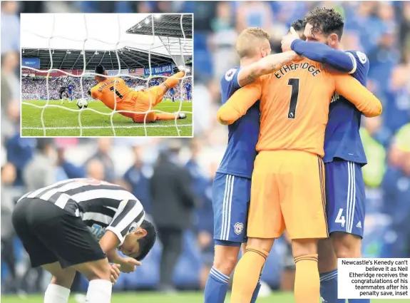  ??  ?? Newcastle’s Kenedy can’t believe it as Neil Etheridge receives the congratula­tions of his teammates after his penalty save, inset