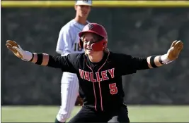  ?? WILL LESTER — STAFF PHOTOGRAPH­ER ?? Murrieta Valley’s Riley Kujawa reacts toward his teammates after hitting a double against Murrieta Mesa in a recent Southweste­rn League game.