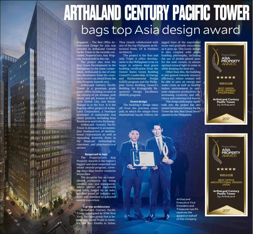  ??  ?? ArthaLand Executive Vice President and Treasurer Leo Po receives the award on behalf of the company.
