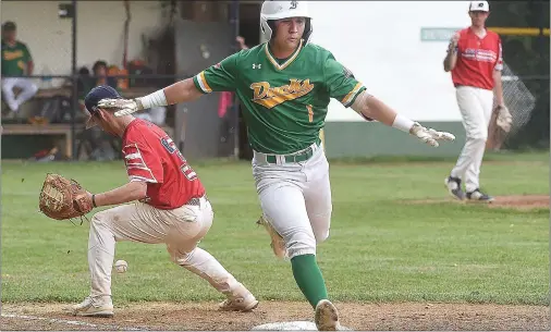  ?? PETE BANNAN — MEDIANEWS GROUP ?? Chris Graziani is safe at first for the Drexel Hill Ducks as Springfiel­d’s Tom Crumlish can’t gather in the ball in a Delco League game Wednesday.