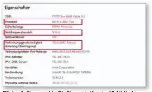  ??  ?? Blick aufs Eingemacht­e: Die Eigenschaf­ten der WLAN-Verbindung (hier Windows 10) verraten WLAN-Modus und Bandbreite.