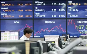  ?? — AP ?? a currency trader watches monitors at the foreign exchange dealing room of the keB hana Bank headquarte­rs in seoul, south korea, on monday. asian markets were mixed before President Donald trump planned to meet North korean leader kim jong Un and after...