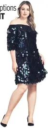  ??  ?? Simply Be sequin disk Bardot dress £69, and Grace scallop court shoes from £27