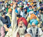  ??  ?? A farmer shouts slogans at Delhi’s Singhu border on Monday.