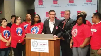  ?? MANNY RAMOS/SUN-TIMES ?? Jesse Sharkey, Chicago Teachers Union president, threatens a strike Monday if Acero Schools doesn’t meet union demands. After midnight, the union announced a strike.