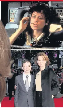  ??  ?? Sigourney made her name playing forceful female characters such as the heroine of the Alien films, Ellen Ripley (top). Above, Sigourney and Lewis MacDougall at the premiere of A Monster Calls, in London JOEL RYAN/INVISION/AP/PA PHOTOS.