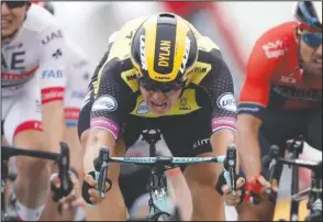  ?? The Associated Press ?? SPRINTING AHEAD: Netherland­s’ Dylan Groenewege­n sprints to win the seventh stage of the Tour de France cycling race over 230 kilometers (142,9 miles) with start in Belfort and finish in Chalon sur Saone, France.