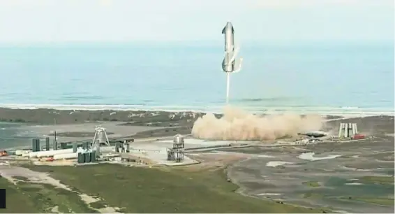  ??  ?? Touchdown: One of the company’s Starship prototypes fires its thrusters as it lands during a test in Boca Chica, Texas