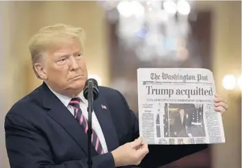  ?? DREW ANGERER/GETTY ?? President Trump speaks Thursday in the East Room, a day after the Senate acquitted him on two impeachmen­t counts.