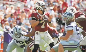  ?? KEVIN JAIRAJ/USA TODAY SPORTS ?? Oklahoma’s Spencer Rattler tossed three intercepti­ons in a loss to Kansas State.