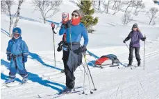  ??  ?? Auf den Loipen der Telemark sind ganze Familien unterwegs, inklusive Langlaufan­hänger für die Kleinsten.