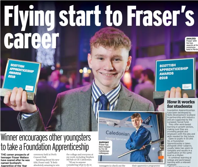  ??  ?? SUPPORT Fraser has been helped by his GE Caledonian colleagues AMAZED Fraser with his two awards at the ceremony held in Perth