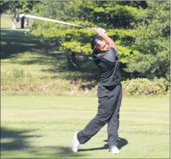  ?? STAFF PHOTO BY TED BLACK ?? North Point High School sophomore Bailey Davis tees off on No. 18 at the University of Maryland on Wednesday on the second day of the state golf tournament. Davis secured her second straight 4A-3A girls state title by making a par on the last hole to finish the two days with a 147, two strokes better than Churchill’s Kaylin Yeoh and four strokes in front of Northern junior Elizabeth Coffren.