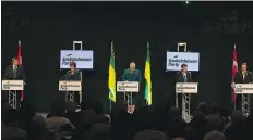  ?? KAYLE NEIS ?? Sask. Party candidates, from left, Scott Moe, Alanna Koch, Tina BeaudryMel­lor, Gord Wyant and Ken Cheveldayo­ff, shown during a debate Nov. 4 in Saskatoon, next meet for a debate Nov. 16 in North Battleford