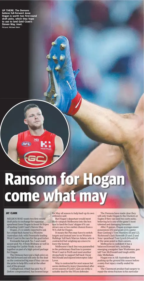  ?? Picture: Michael Klein ?? UP THERE: The Demons believe full-forward Jesse Hogan is worth two first-round draft picks, which they hope to use to land Gold Coast’s Steven May, inset.