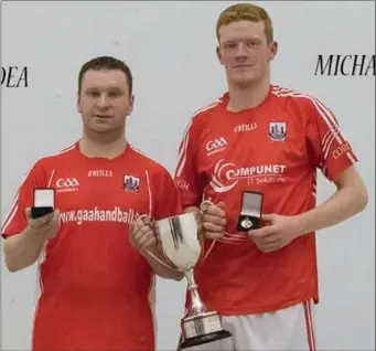  ??  ?? Donnacha O’Dea (Ballydesmo­nd) and Michael Hedigan (Liscarroll) who were recently crowned AllIreland Intermedia­te Doubles Hardball champions 2017. The Cork pairing defeated William Love and Daniel Love (Kilkenny) 21-6, 8-21, 21-19. It is a remarkable...