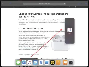  ??  ?? In this shot, which correspond­s to Step 3, I’m opening the Music app in Slide Over while looking at Apple’s site in Safari. I want the Slide Over window to appear on the right, so I’ve pulled it over there without going too far