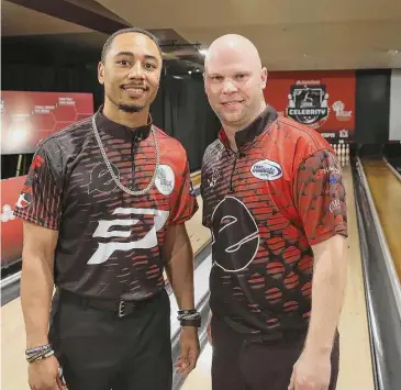  ?? Jesse Grant/TNS ?? Pro baseball player Mookie Betts, left, and pro bowler Tommy Jones attend the 2017 State Farm Chris Paul PBA Celebrity Invitation­al held in Los Angeles.