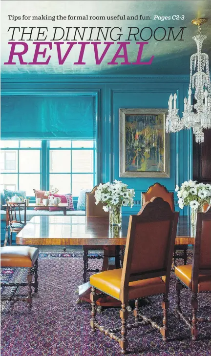  ?? ERIC PIASECKI ?? Katie Ridder updates a historic apartment in Manhattan with turquoise-lacquered walls and a silver-leaf ceiling.