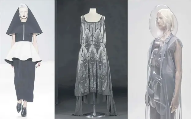  ?? ?? ↑ From left, ‘Florence’ hood and ‘Spray’ dress by Cimone, 2017; Woman’s evening dress, French, c.1929; Ying Gao, Flowing Water, Standing Time, 2019