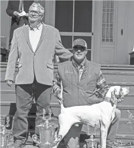  ?? SUBMITTED BY JAMIE EVANS OF AMES PLANTATION ?? Gary Lester, owner and handler of Miller’s Speed Dial, celebrates the dog’s championsh­ip with scout Mark Haynes on the steps at Ames Manor House at Ames Plantation near Grand Junction.