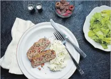  ?? DEB LINDSEY FOR THE WASHINGTON POST ?? Confetti Meatloaf with Creamy Garlic Mashed Cauliflowe­r, Butter Lettuce with Shallot Vinaigrett­e and Raspberrie­s with Cocoa Whipped Cream.
