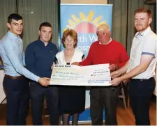  ??  ?? Ben Healy, Paul Logan, Francie White and Ruairi O’Connor presenting a cheque to Dympna Gorman on Behalf of North West Hospice for €4917,15 raised at the Mark Templeton White Golf Memorial in Castle Dargan last Friday. Pics: Carl Brennan.